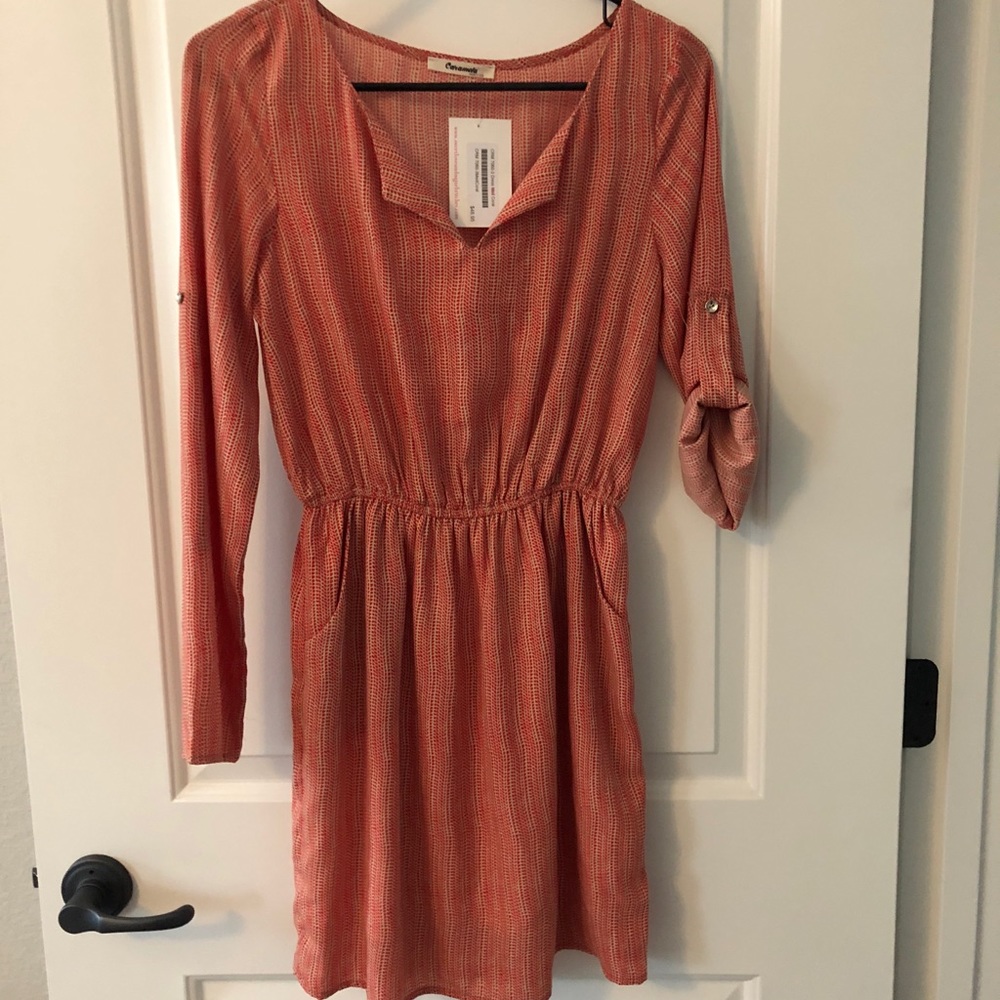 Dark orange and Tan short or long sleeve dress